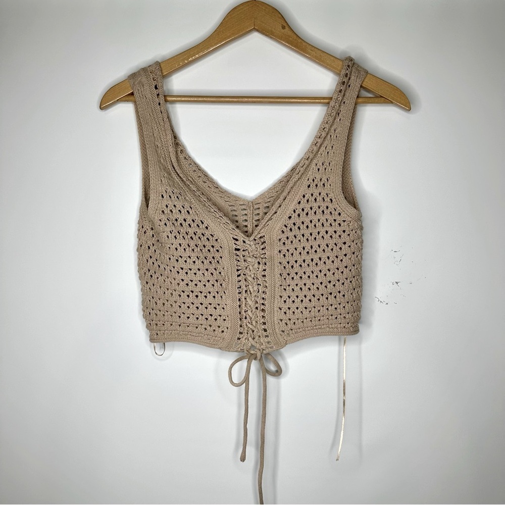 Pink Rose Tan Wide Leg Knit Crochet Pants and Lace Up Top 2 Piece Set NWT - Picture 4 of 4